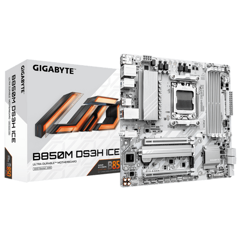 Gigabyte B850M DS3H ICE placa madre y caja vista oficial
