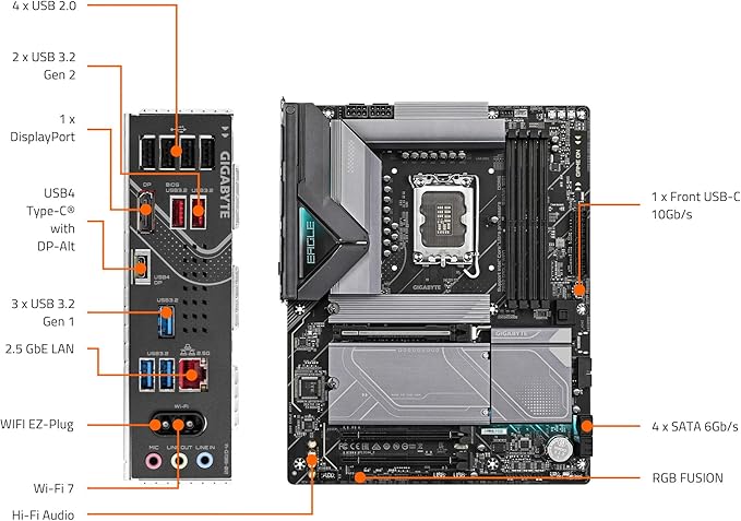 Gigabyte Z890 Eagle WiFi7 – Placa Madre ATX LGA1851 DDR5, 4×M.2 PCIe 5.0, USB4, WiFi 7, LAN 2.5GbE, EZ - Latch – para Intel Core Ultra Serie 2 Z890-EAGLE-WIFI7 - SMART BUSINESS