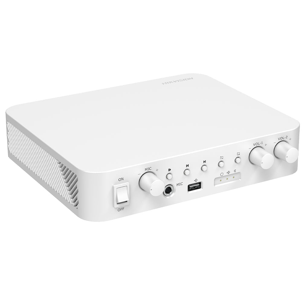 Vista frontal y posterior del amplificador Hikvision DS-QAE0A60G1-VB