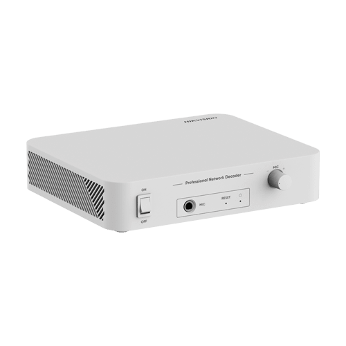 Decodificador de audio IP Hikvision DS-QAE1DG1 perspectiva frontal con lateral izquierdo ventilado