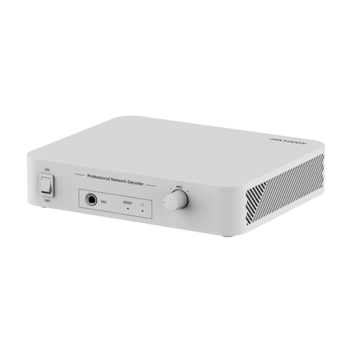 Decodificador de audio IP Hikvision DS-QAE1DG1 perspectiva frontal con lateral derecho ventilado