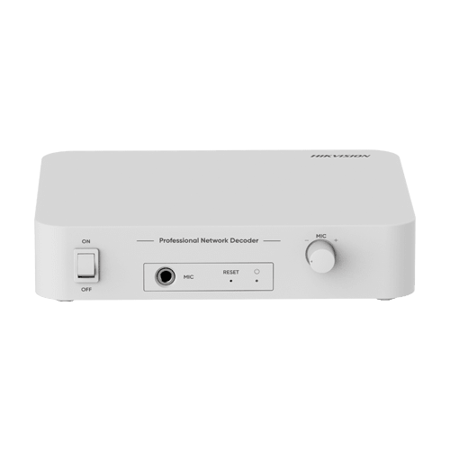 Decodificador de audio IP Hikvision DS-QAE1DG1 vista frontal con entrada MIC y control de volumen