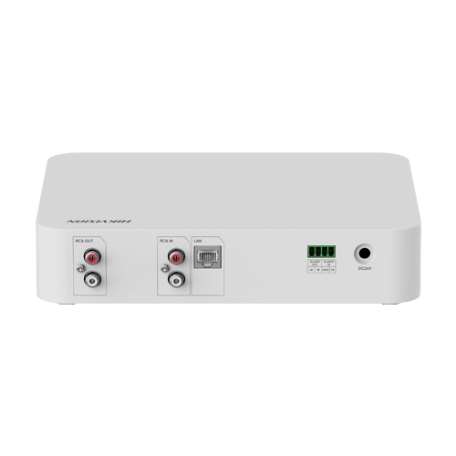 Decodificador de audio IP Hikvision DS-QAE1DG1 vista posterior con conectores RCA, red y alimentación