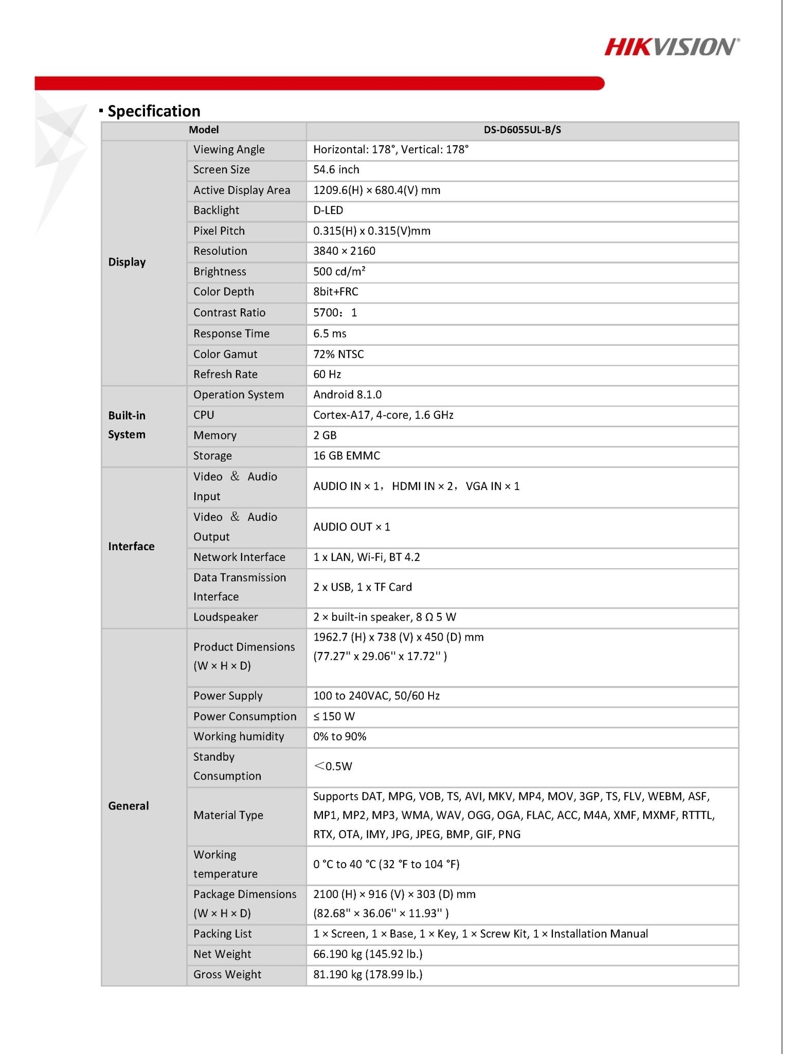 Hikvision DS-D6055UL-B/S 317600158 vista posterior y estructura