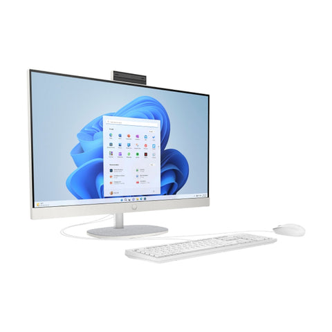 HP All-in-One 27-cr0275la BA1W6LA#ABM blanco, vista frontal en tres cuartos con teclado y mouse