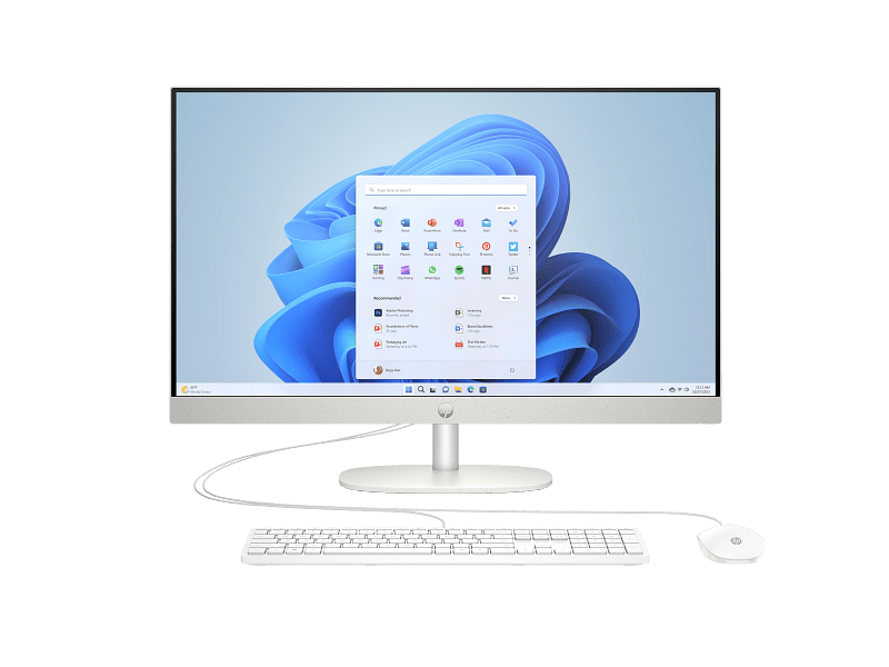 HP All-in-One 27-cr0275la BA1W6LA#ABM blanco, vista frontal oficial con teclado y mouse