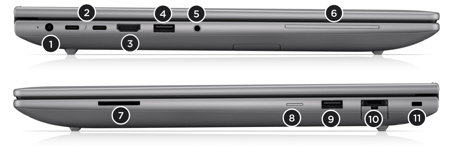 HP ZBook X G2i 16 puertos y vistas laterales oficiales