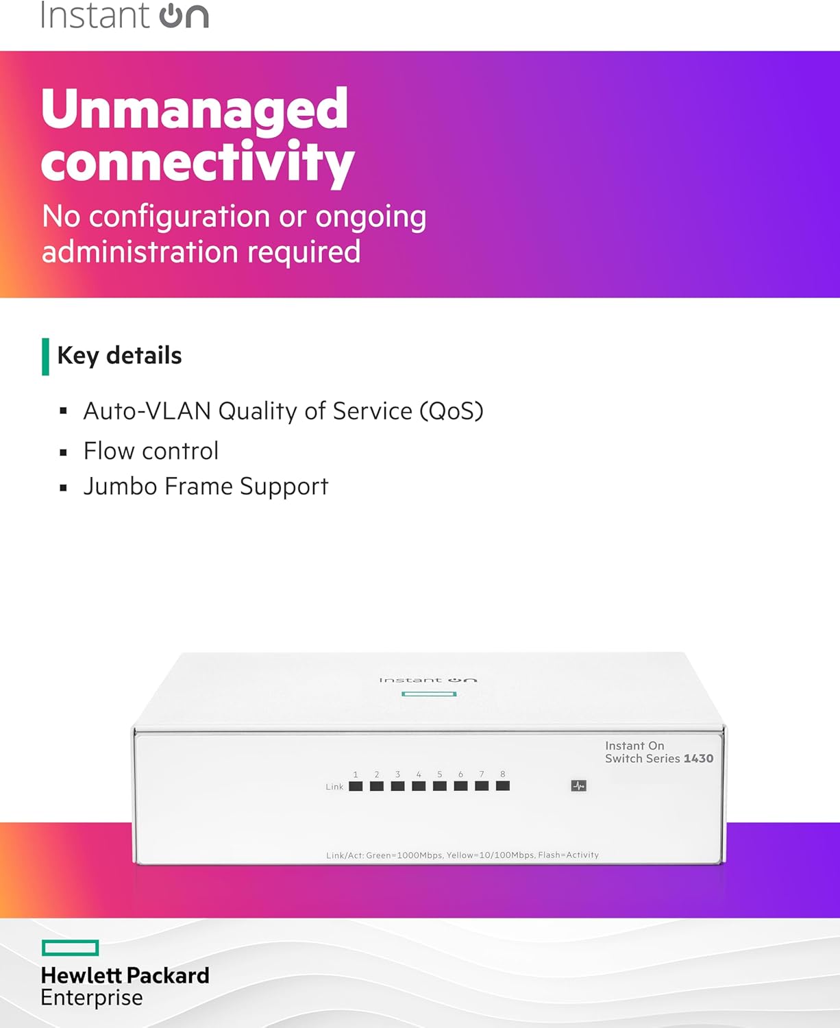 Switch HPE Aruba Networking Instant On 1430 5G - 5 Puertos Gigabit Ethernet - No Administrado (Plug - and - Play) - Capa 2 - Diseño Compacto y Silencioso - R8R44A de HPE | first_variant_option_1 — Envío inmediato