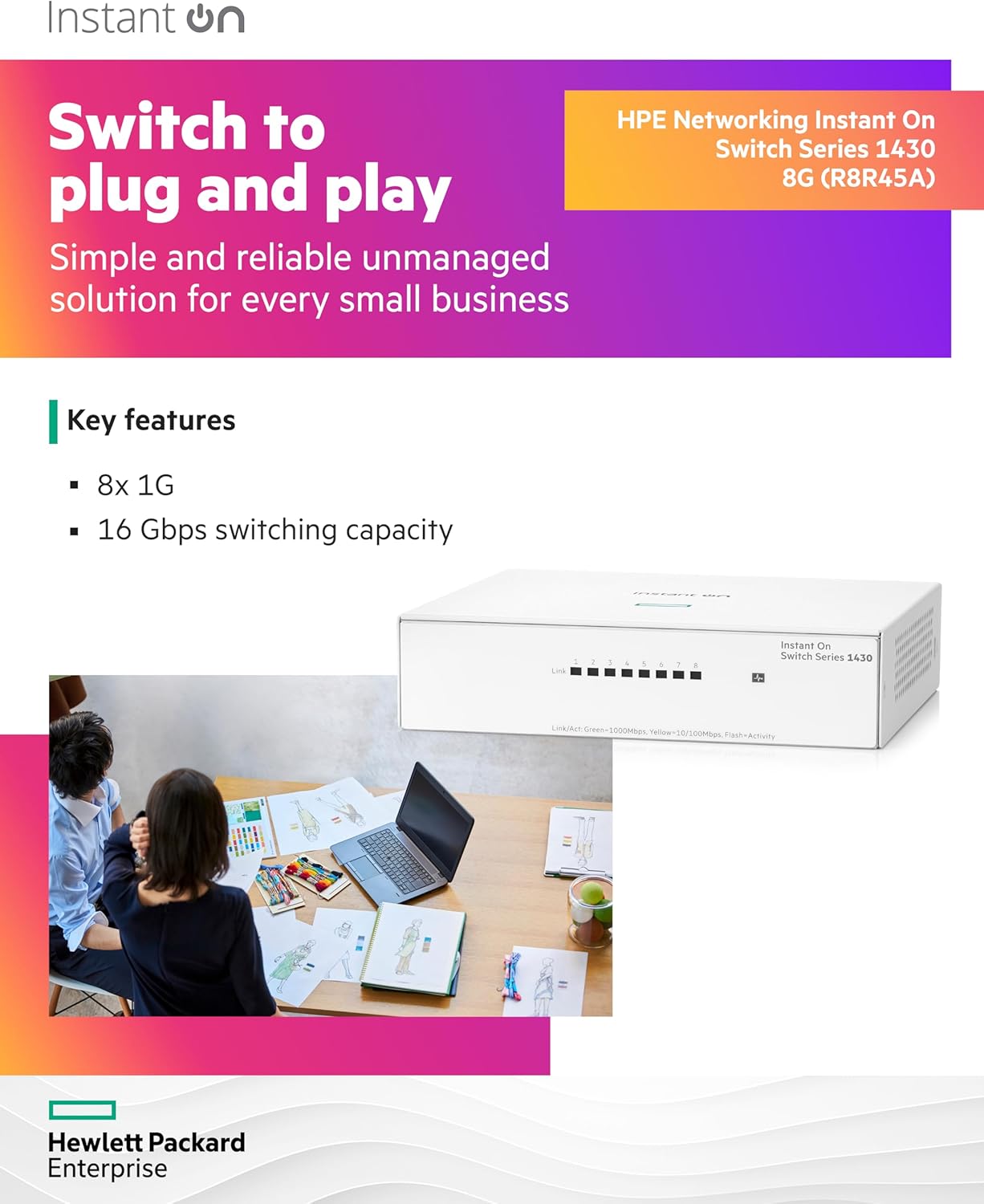 Switch HPE Aruba Networking Instant On 1430 5G - 5 Puertos Gigabit Ethernet - No Administrado (Plug - and - Play) - Capa 2 - Diseño Compacto y Silencioso - R8R44A de HPE | first_variant_option_1 — Envío inmediato