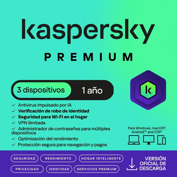 KASPERSKY PREMIUM ESD KL1047DDCFR – LICENCIA DIGITAL, RENOVACIÓN POR 12 MESES, PROTECCIÓN AVANZADA PARA 3 DISPOSITIVOS, SEGURIDAD TOTAL Y NAVEGACIÓN SEGURA KL1047DDCFR - SMART BUSINESS