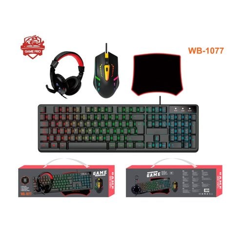 KIT GAMER PRO WB - 1077: TECLADO RGB + MOUSE + PAD + AUDÍFONOS CON MICRÓFONO, ILUMINACIÓN LED, DISEÑO ERGONÓMICO, IDEAL PARA JUEGOS Y STREAMING WB-1077 - SMART BUSINESS
