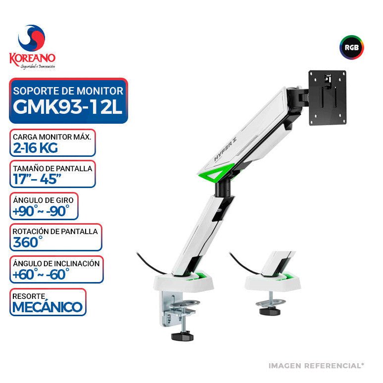 Brazo Koreano RGB para Monitor 17 a 45 Pulgadas 16kg - GMK93-12L de Koreano | GMK93-12L — Envío inmediato