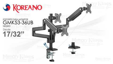 Brazo triple Koreano GMK53-36UB negro para tres monitores de 17 a 32 pulgadas
