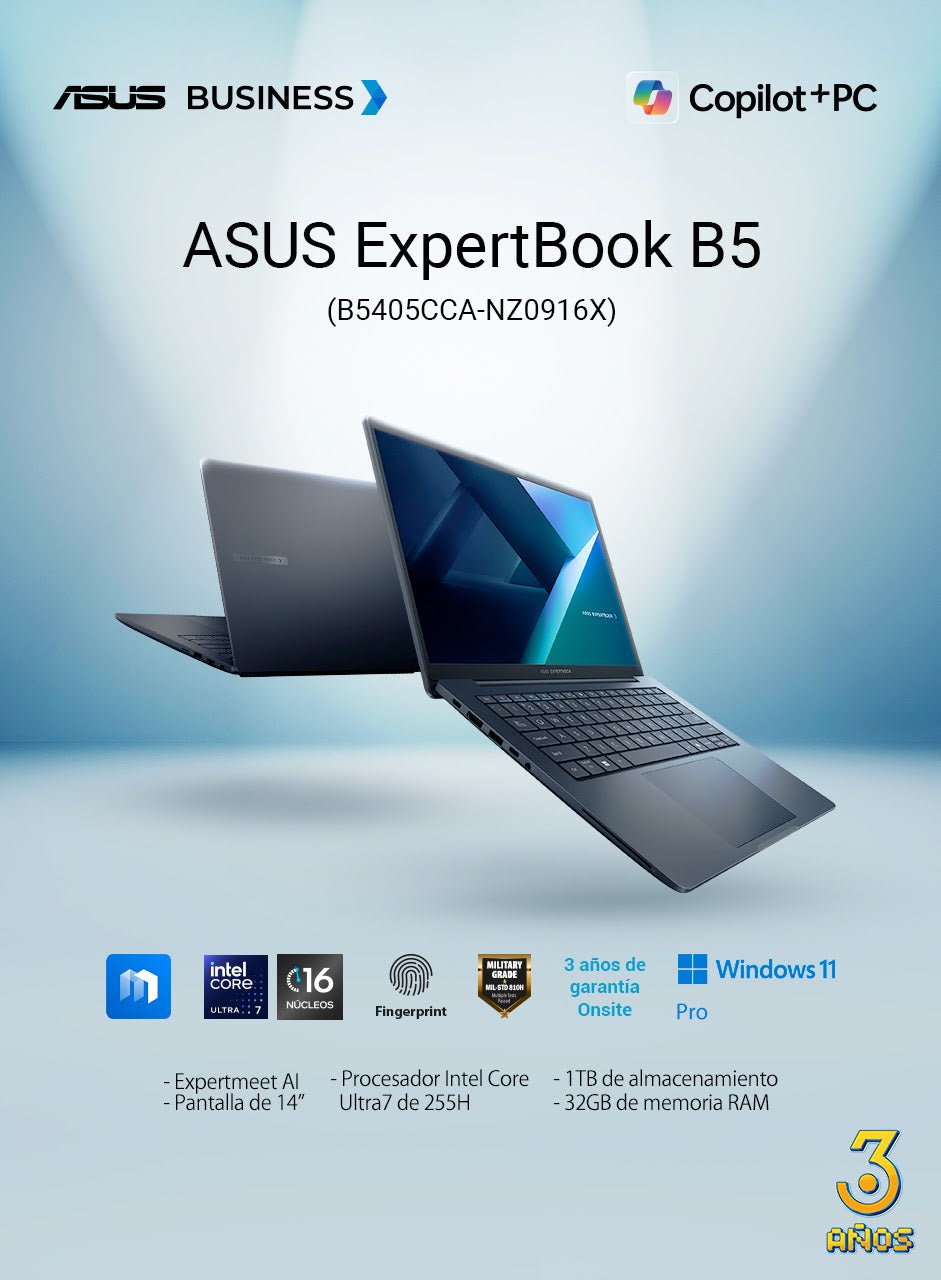 LAPTOP ASUS EXPERTBOOK B5 CON INTEL CORE ULTRA 7 255H (HASTA 5.1 GHZ), PANTALLA 14″ WQXGA IPS, 32 GB RAM, 1 TB SSD, WI - FI 7 Y CONECTIVIDAD MODERNA 90NX08I1-M013U0 - SMART BUSINESS