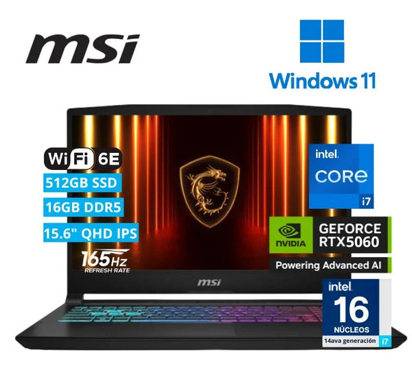 LAPTOP GAMER MSI KATANA 15 HX B14WFK – 15.6" QHD 165HZ, INTEL CORE I7 - 14650HX, NVIDIA RTX 5060 8GB GDDR7, 16GB DDR5, 512GB SSD, WINDOWS 11 9S7-1587C1-411 - SMART BUSINESS