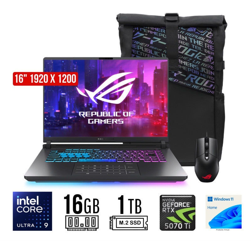 ASUS ROG STRIX G16 (90NR0LR1-M00110) – CORE ULTRA 9 275HX (24 NÚCLEOS) HASTA 5.4 GHZ, RTX 5070 TI 12 GB GDDR7, 16″ WUXGA IPS, 16 GB DDR5-5600, 1 TB SSD PCIE 4.0