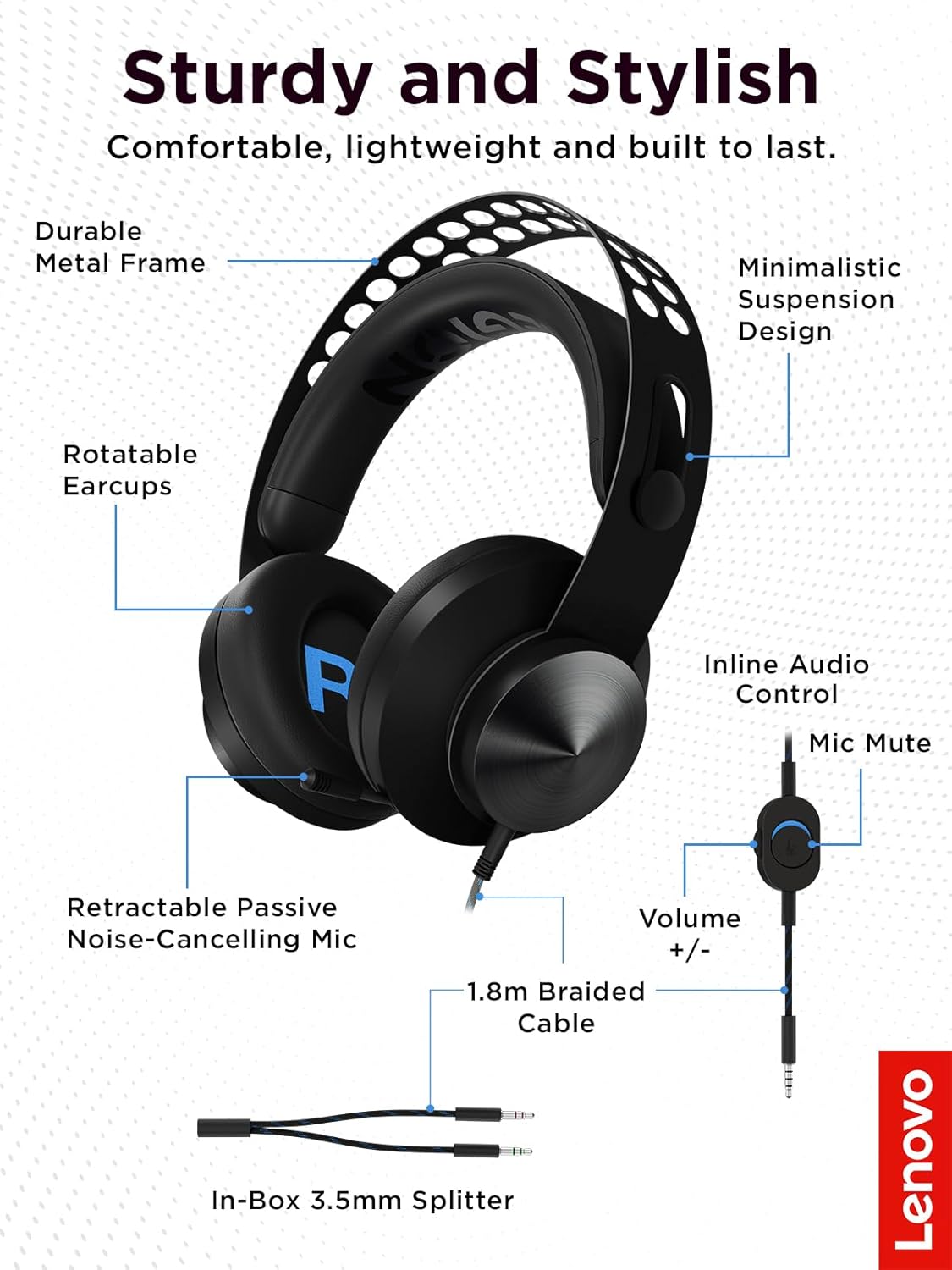 Auriculares Gamer Lenovo Legion H300 - Sonido Estéreo de Alta Fidelidad - Diseño Ergonómico con Chasis de Metal - Micrófono Retráctil con Cancelación de Ruido - Almohadillas de Cuero Sintético - Conector 3.5mm para PC, Consolas y Móvil (GXD0T69863) de Lenovo | first_variant_option_1 — Envío inmediato
