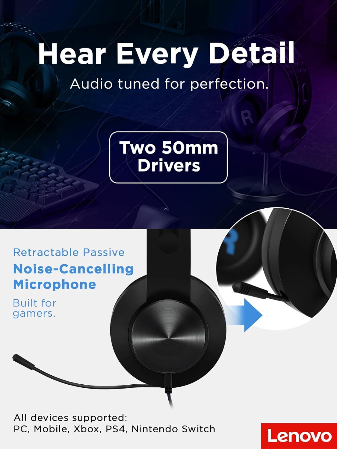 Auriculares Gamer Lenovo Legion H300 - Sonido Estéreo de Alta Fidelidad - Diseño Ergonómico con Chasis de Metal - Micrófono Retráctil con Cancelación de Ruido - Almohadillas de Cuero Sintético - Conector 3.5mm para PC, Consolas y Móvil (GXD0T69863) de Lenovo | first_variant_option_1 — Envío inmediato