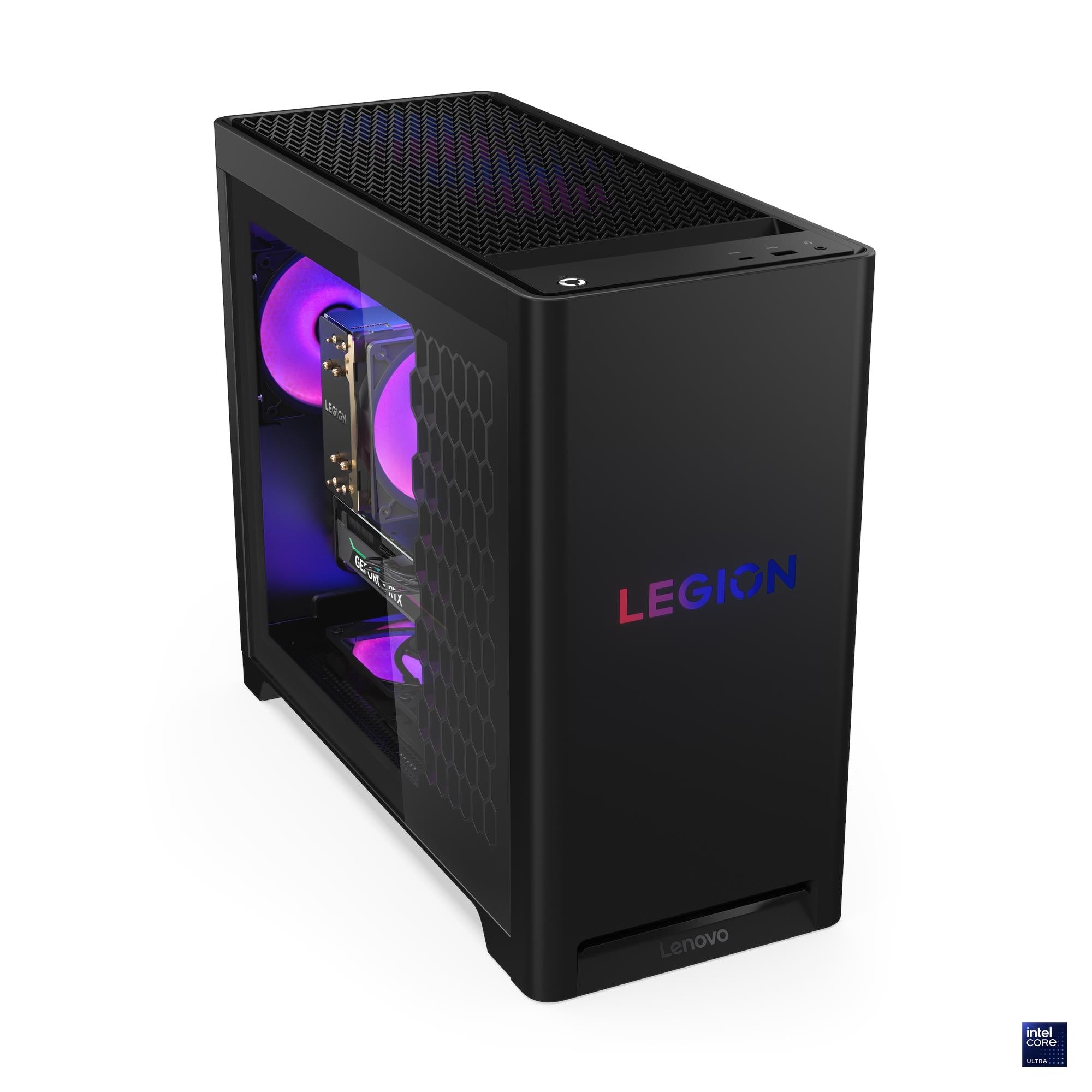 Desktop Gamer Lenovo Legion T5 30IAS10 90YA002TPT vista frontal en tres cuartos con panel lateral transparente