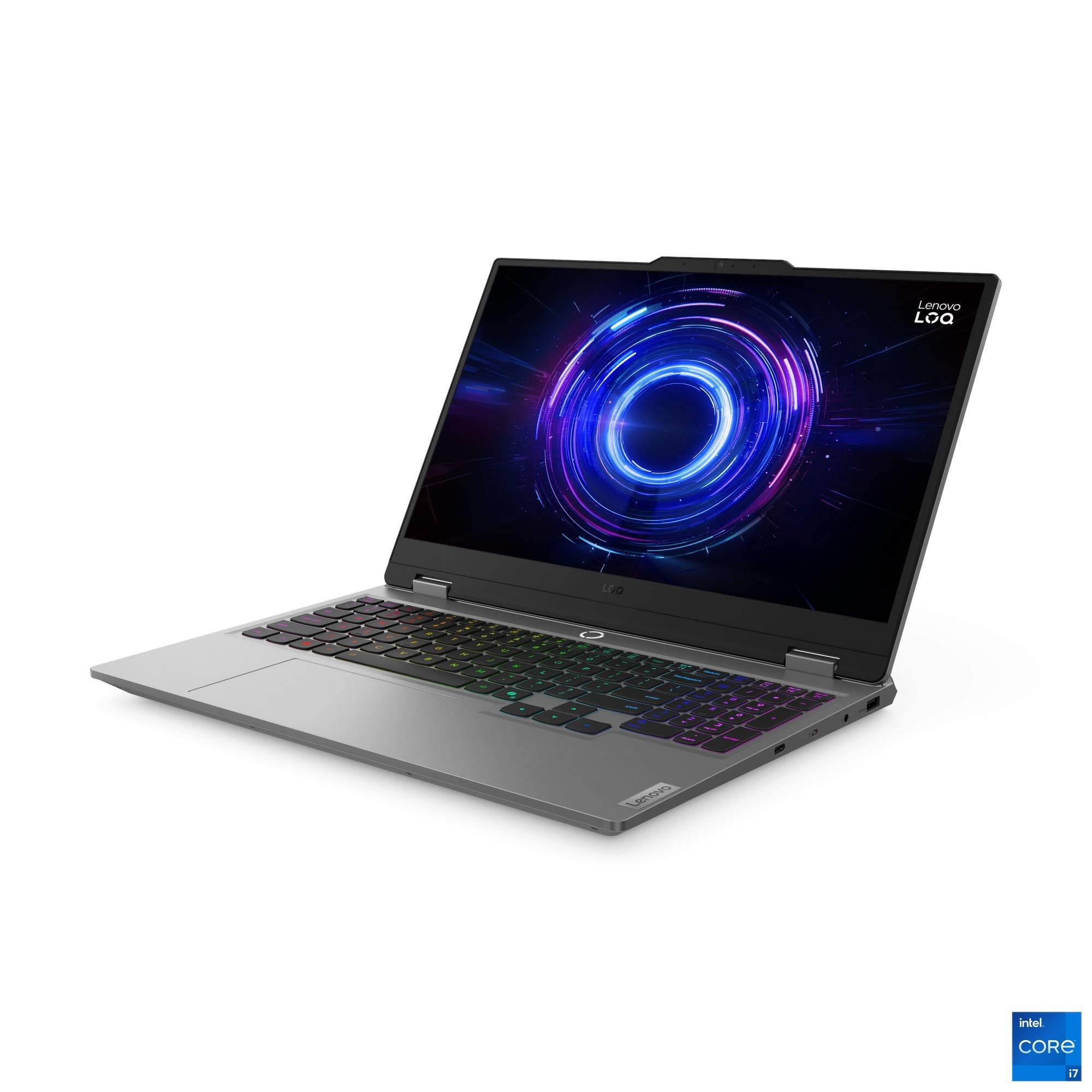 Notebook Gaming Lenovo LOQ 15IRX10 83JE00YVLM Luna Grey vista frontal con pantalla abierta