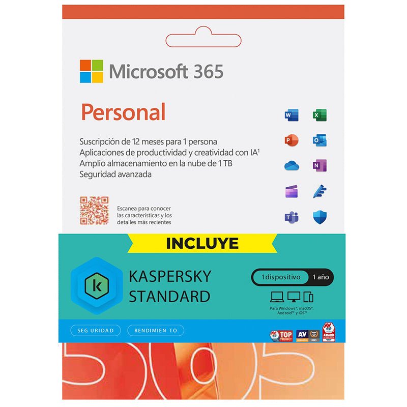 LICENCIA DIGITAL MICROSOFT 365 PERSONAL + KASPERSKY – 12 MESES, 1 USUARIO, APLICACIONES OFFICE, 1 TB EN LA NUBE Y SEGURIDAD AVANZADA EP2-32316-TPK - SMART BUSINESS