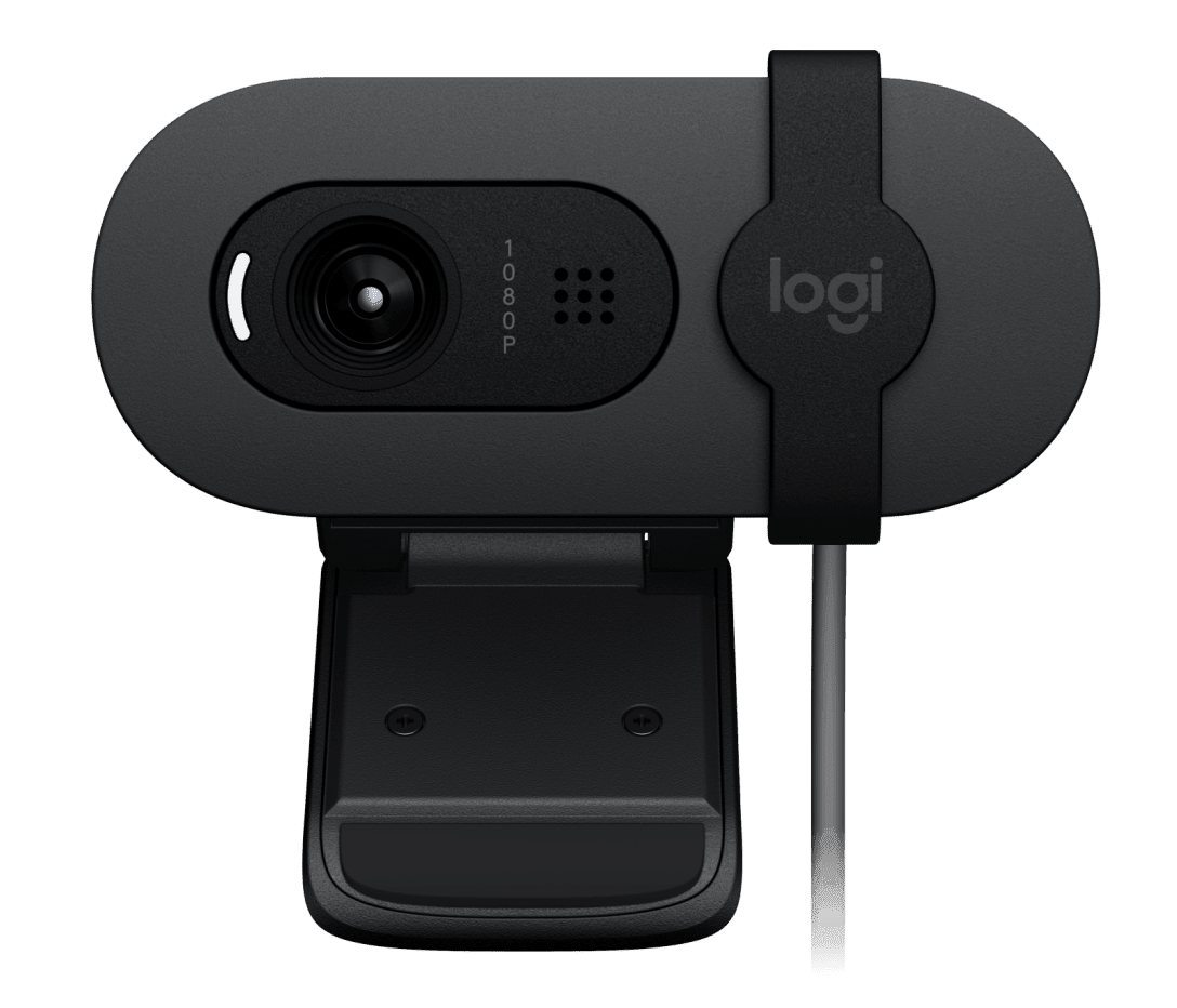Cámara web Logitech Brio 100 960-001586 vista frontal con clip abierto