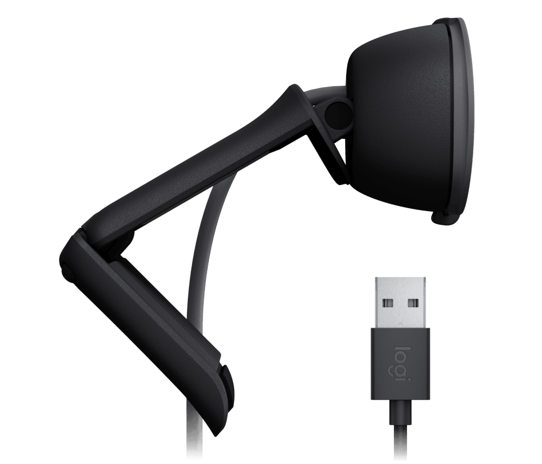 Cámara web Logitech Brio 100 960-001586 vista lateral con conector USB-A