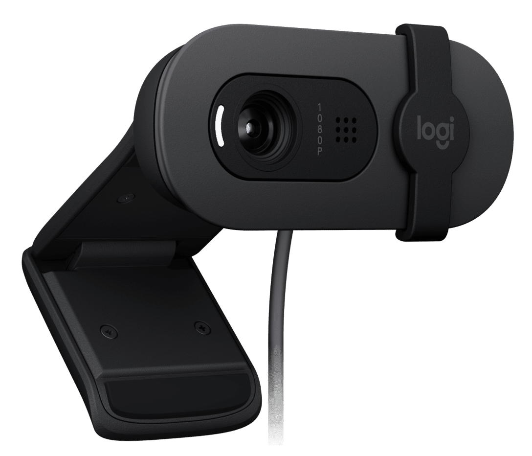 Cámara web Logitech Brio 100 960-001586 vista en tres cuartos izquierda
