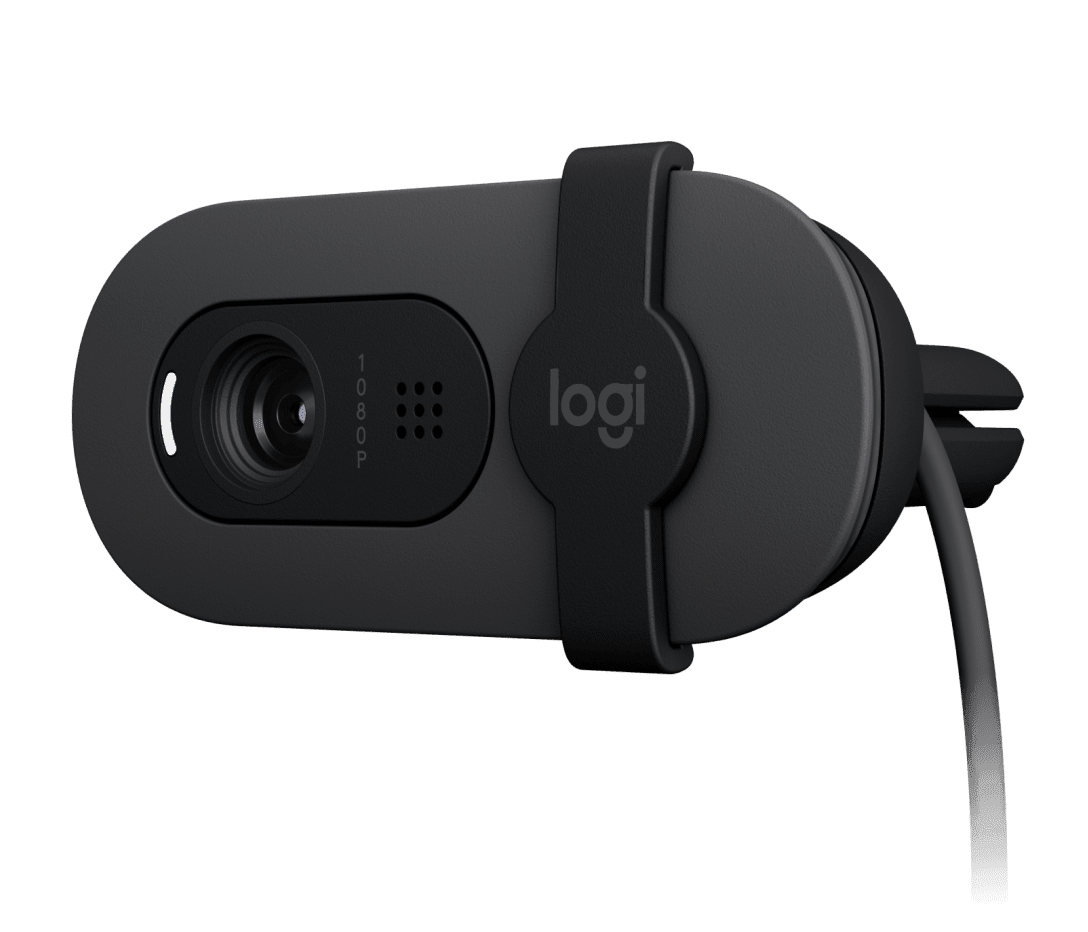 Cámara web Logitech Brio 100 960-001586 vista con clip parcialmente plegado