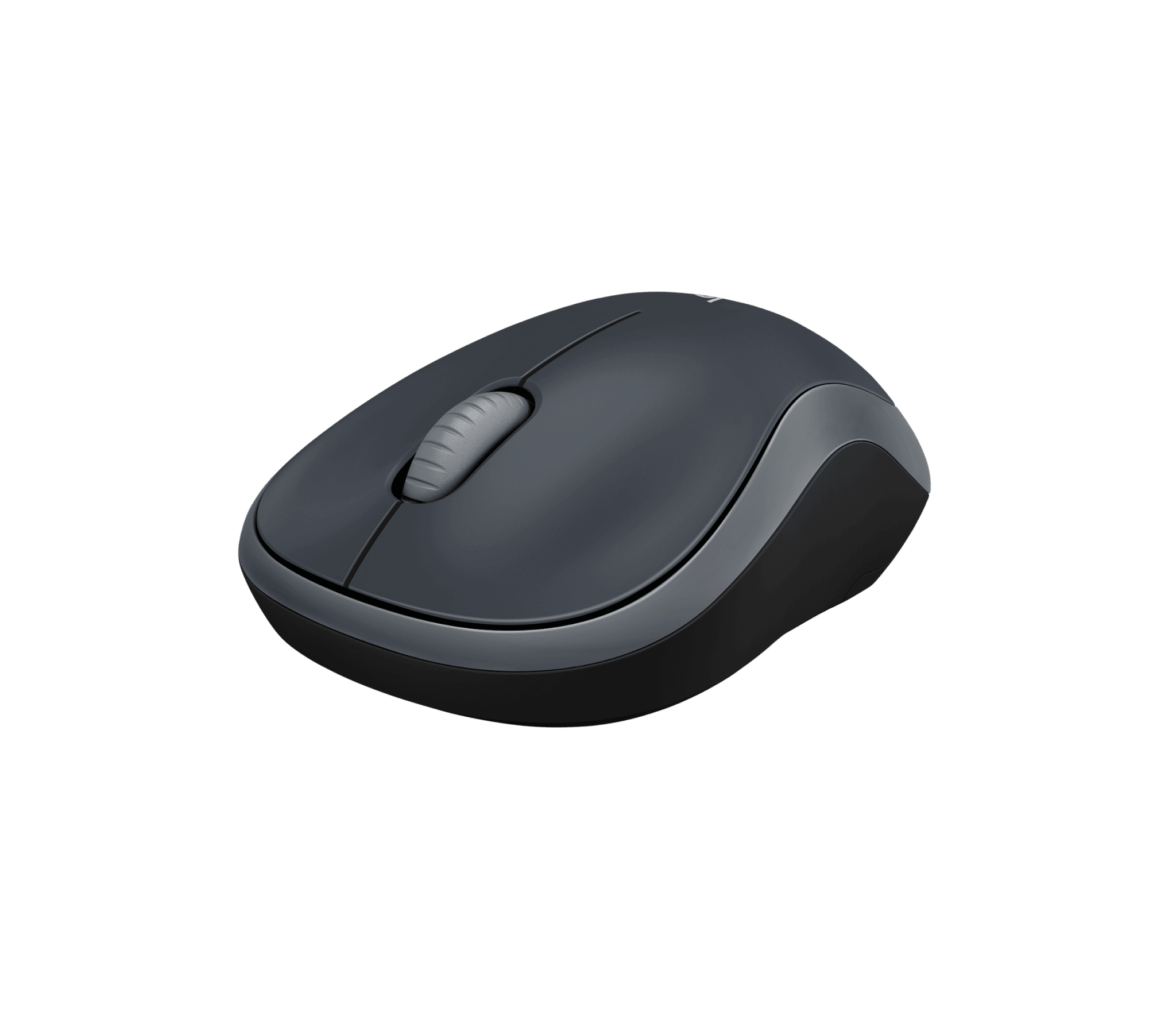 Vista frontal en perspectiva del Logitech M185 gris 910-002225, botones y rueda de desplazamiento
