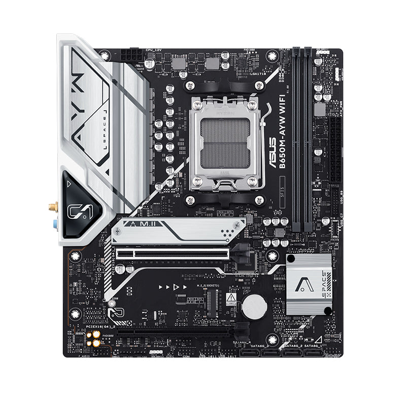 ASUS B650M‑AYW WiFi – Placa base Micro‑ATX AM5, DDR5 hasta 8000 MT/s OC, PCIe 5.0 M.2, PCIe 4.0 x16, HDMI, 4×SATA, USB 10 Gbps, USB‑C, LAN 2.5 GbE, Wi‑Fi 6, BT 5.3, Aura Sync