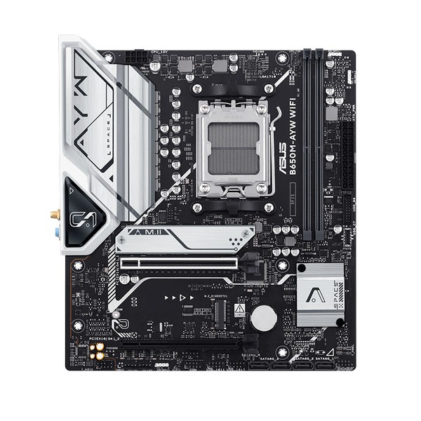 ASUS B650M‑AYW WiFi – Placa base Micro‑ATX AM5, DDR5 hasta 8000 MT/s OC, PCIe 5.0 M.2, PCIe 4.0 x16, HDMI, 4×SATA, USB 10 Gbps, USB‑C, LAN 2.5 GbE, Wi‑Fi 6, BT 5.3, Aura Sync