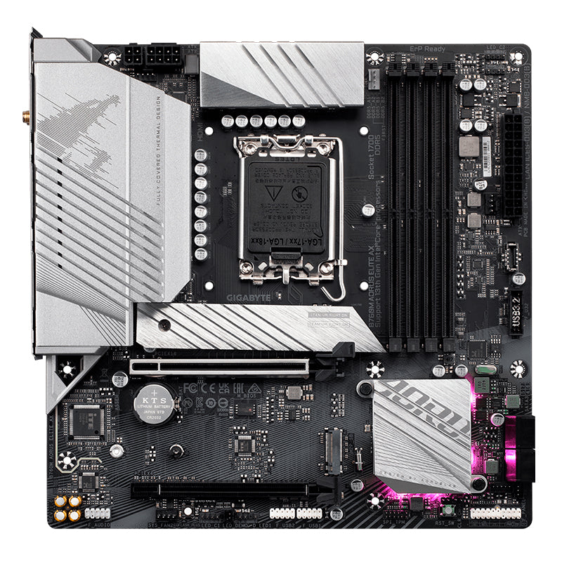 PLACA BASE GIGABYTE B760M AORUS ELITE AX • CHIPSET INTEL B760 • COMPATIBLE CON PROCESADORES INTEL CORE SERIE 13/12 • DDR5 HASTA 128GB • PCIE 5.0 • WIFI 6E • LAN 2.5GB • MICRO-ATX • RGB