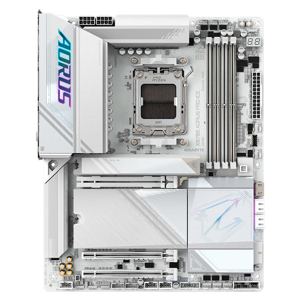 PLACA BASE GIGABYTE X870E AORUS PRO ICE • CHIPSET AMD X870 • COMPATIBLE CON PROCESADORES RYZEN SERIE 7000/8000 • DDR5 HASTA 128GB • PCIE 5.0 • WIFI 7 • LAN 10GB • ATX • RGB
