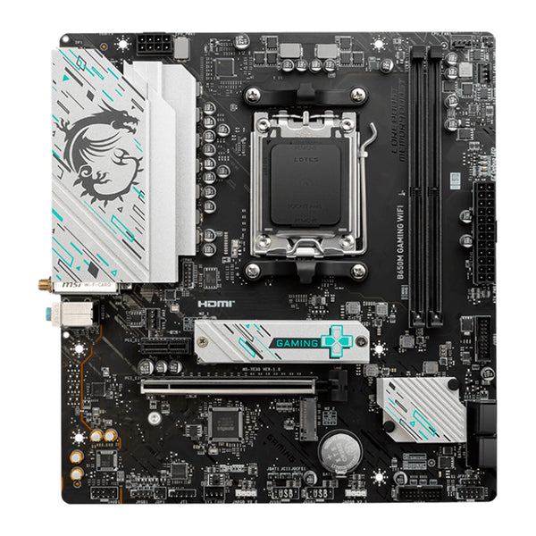 PLACA BASE MSI B650M GAMING WIFI • CHIPSET AMD B650 • COMPATIBLE CON PROCESADORES RYZEN SERIE 7000 • DDR5 HASTA 128GB • PCIE 5.0 • WIFI 6E • LAN 2.5GB • MICRO-ATX • RGB
