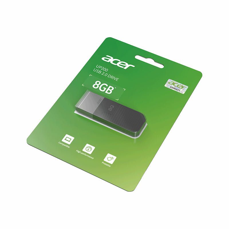 MEMORIA USB ACER UP200, 8GB, USB A 2.0, LECTURA 30MB/S, ESCRITURA 15MB/S, NEGRO BL.9BWWA.508 - SMART BUSINESS