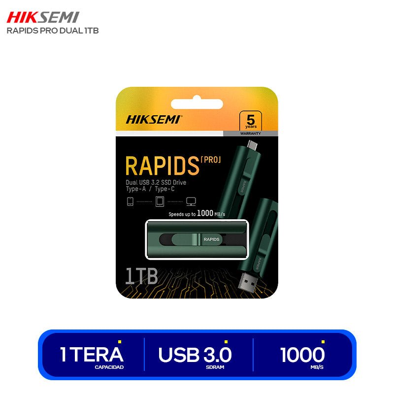 MEMORIA USB HIKSEMI RAPIDS PRO 1TB – SSD PORTÁTIL USB 3.2 GEN2, CONECTORES USB - A Y USB - C, VELOCIDADES DE HASTA 1000MB/S, COMPATIBLE CON PC, MAC Y ANDROID HS-USB-S1000_1T_U3 - SMART BUSINESS