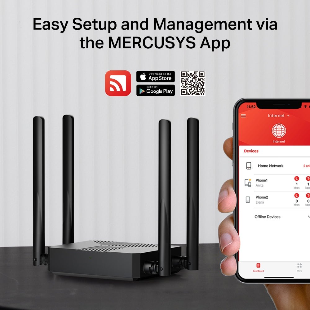 Router Mercusys MR62X junto a un teléfono que muestra la administración mediante la app MERCUSYS