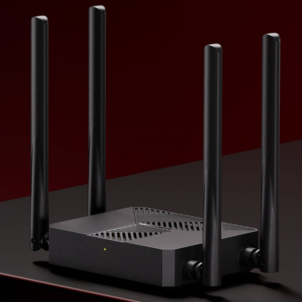 Router Mercusys MR62X AX1500 de color negro colocado sobre una mesa