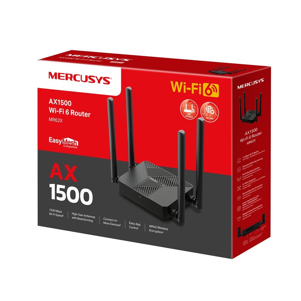 Caja del router Mercusys MR62X AX1500 Wi-Fi 6 con compatibilidad EasyMesh