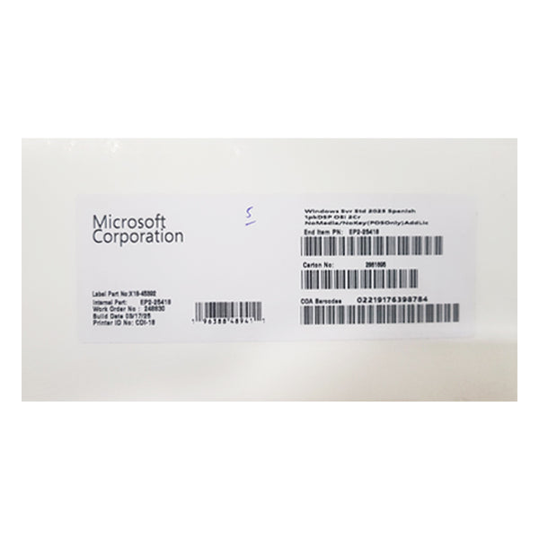 SOFTWARE MICROSOFT WINDOWS SERVER STANDARD 2025 OEI CARACTERÍSTICAS EP2-25418 SPANISH