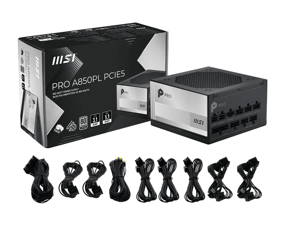 Fuente de poder MSI PRO A850PL PCIE5 con cables y empaque
