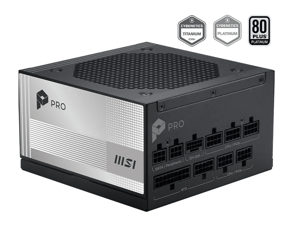 Fuente de poder MSI PRO A850PL PCIE5 vista principal en tres cuartos