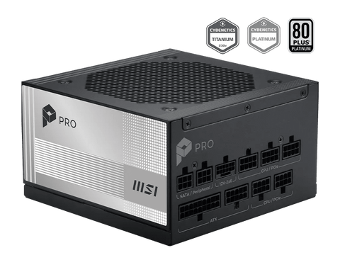 Fuente de poder MSI PRO A850PL PCIE5 vista principal en tres cuartos
