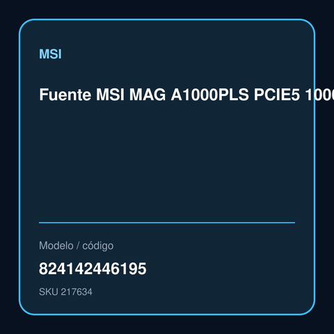 Fuente MSI MAG A1000PLS PCIE5 1000W 80 Plus Platinum Modular modelo 824142446195
