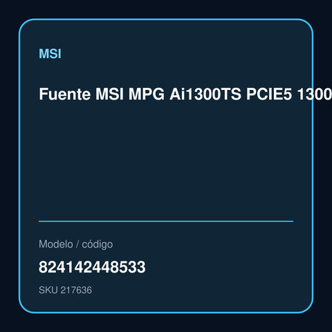 Fuente MSI MPG Ai1300TS PCIE5 1300W 80 Plus Titanium Modular modelo 824142448533