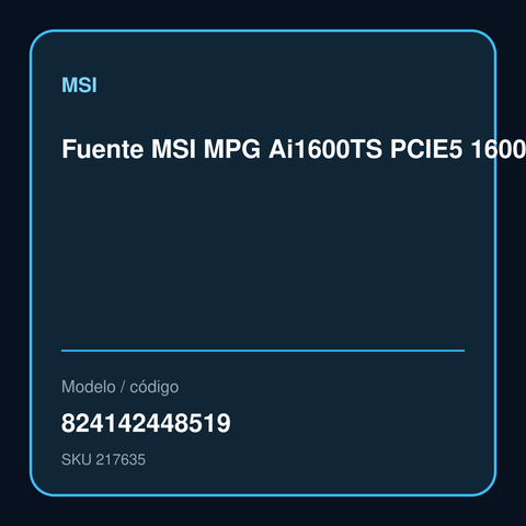 Fuente MSI MPG Ai1600TS PCIE5 1600W 80 Plus Titanium Modular modelo 824142448519