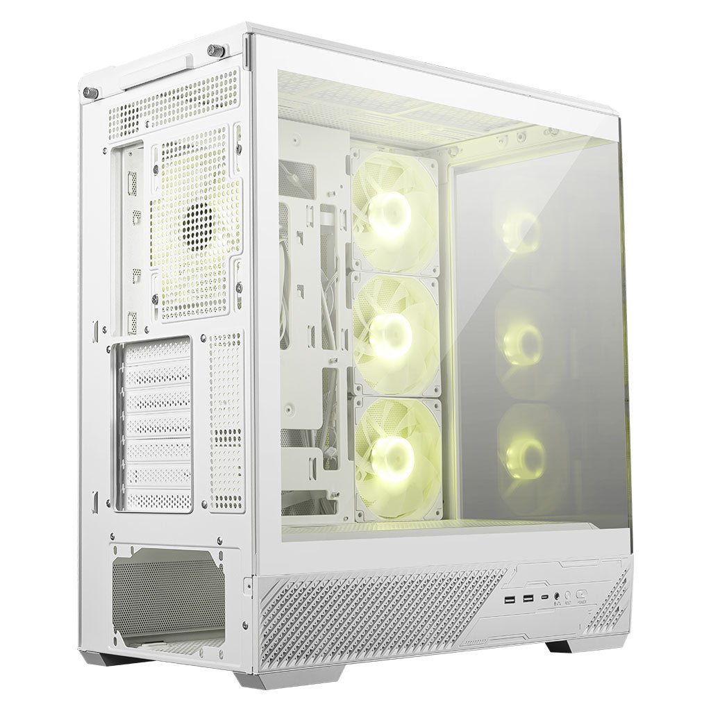 MSI MAG PANO 130R PZ White gabinete Mid-Tower vista en ángulo