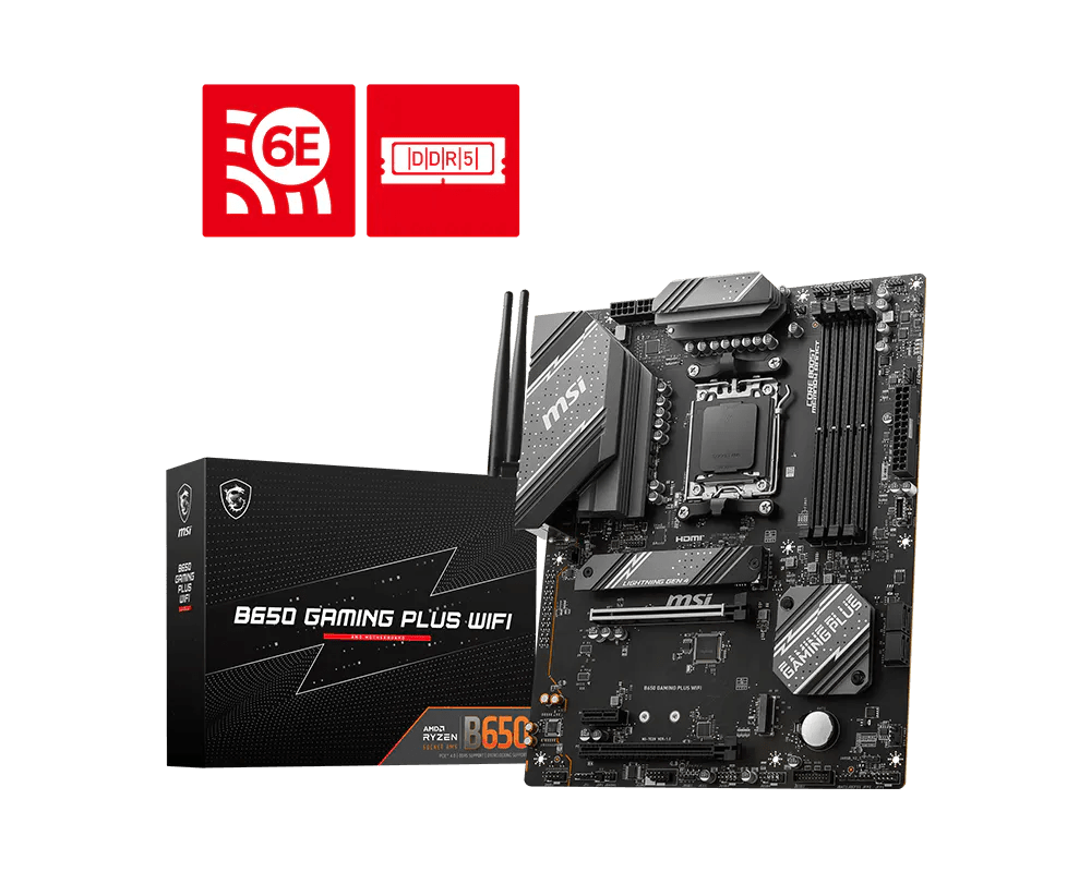 Placa madre MSI B650 Gaming Plus WiFi con empaque y antenas