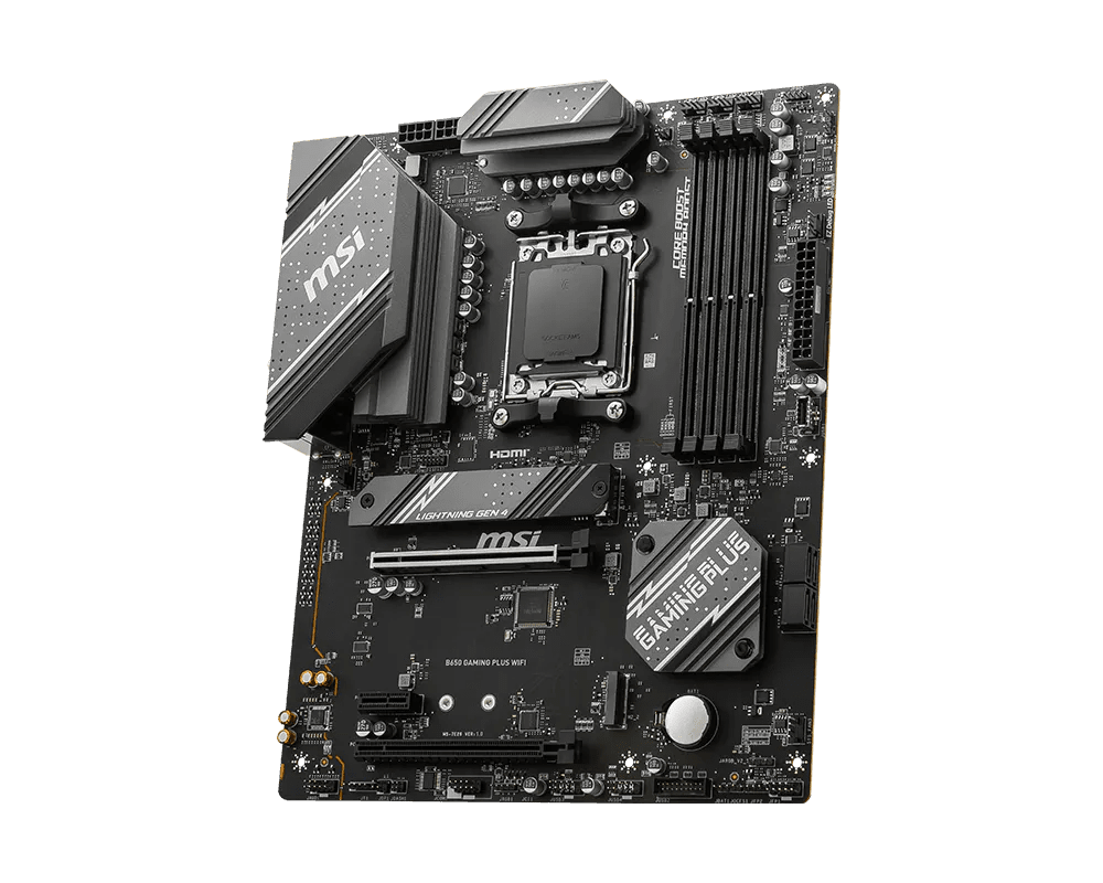 Placa madre MSI B650 Gaming Plus WiFi vista en perspectiva